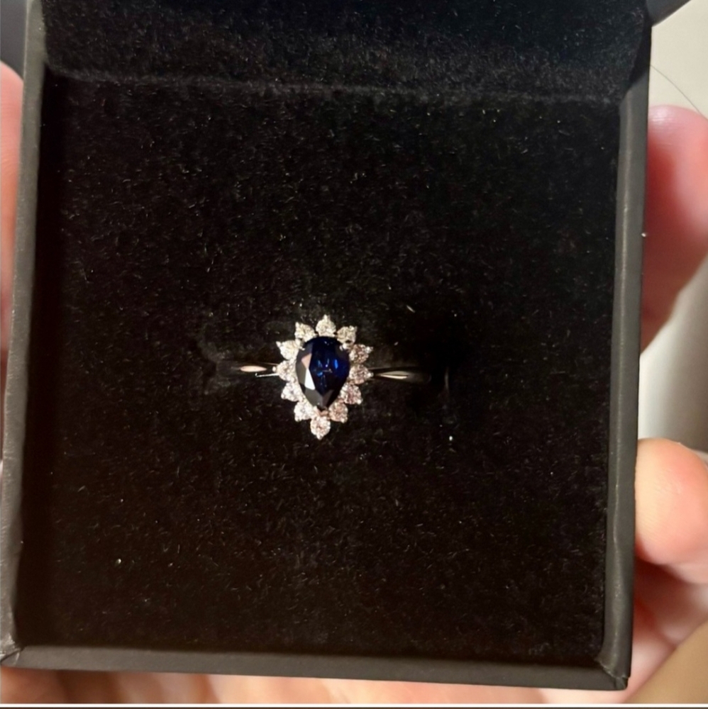 Pear Blue Sapphire and White Sapphire Halo Ring .925 Sterling Size 8 New $149